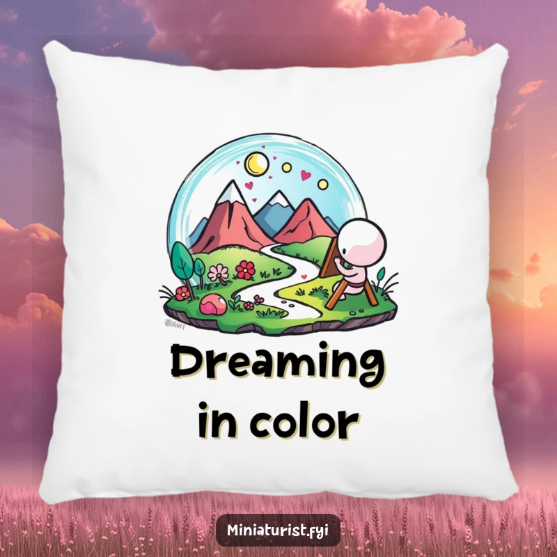 Funny Artist Landscape Pillow, soft cushion with a small figure painting a miniature landscape with vibrant, happy strokes, creative decor.