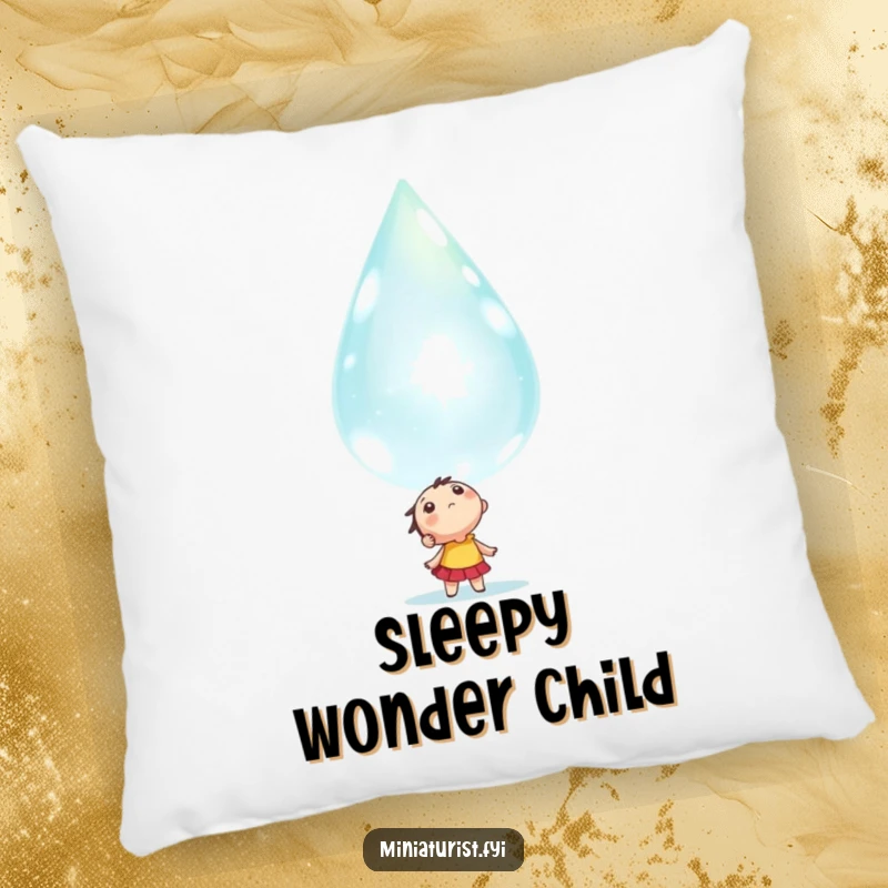 Funny tiny character looking up in awe at a colossal, sparkling dewdrop, depicted on a soft and decorative pillow.