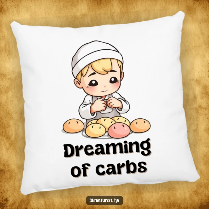 Funny Baker Loaf Pillow, soft cushion with a small baker shaping tiny bread loaves with playful concentration, cozy decor.