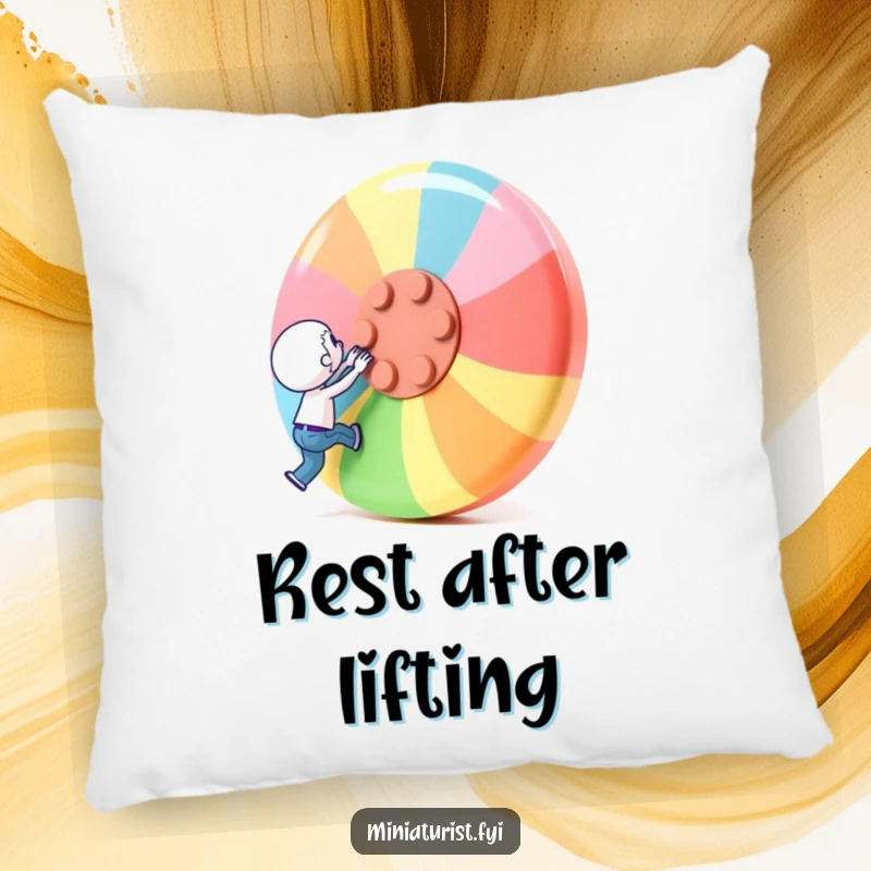 Funny Pillow: A tiny character attempts to lift a giant button, bringing a smile and determination.