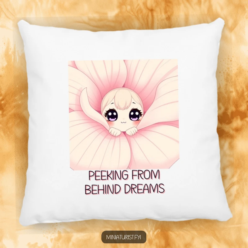 Funny curious flower pillow featuring a character peeking from behind a giant flower petal, offering cozy wonder and humor.