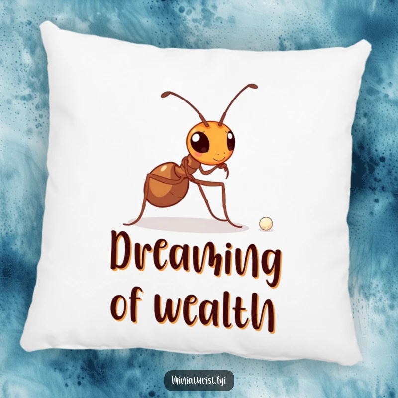 Funny pillow depicting a determined ant carrying a minuscule pearl, a soft symbol of strength, perseverance, and big goals.