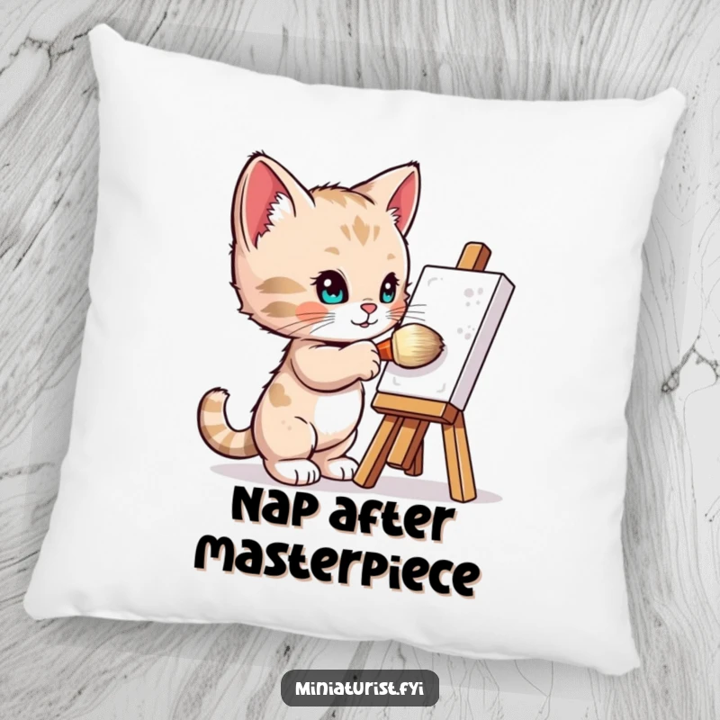 Funny Pillow: A tiny kitten artist with a giant brush paints a miniature easel, bringing artistic joy to any cushion.