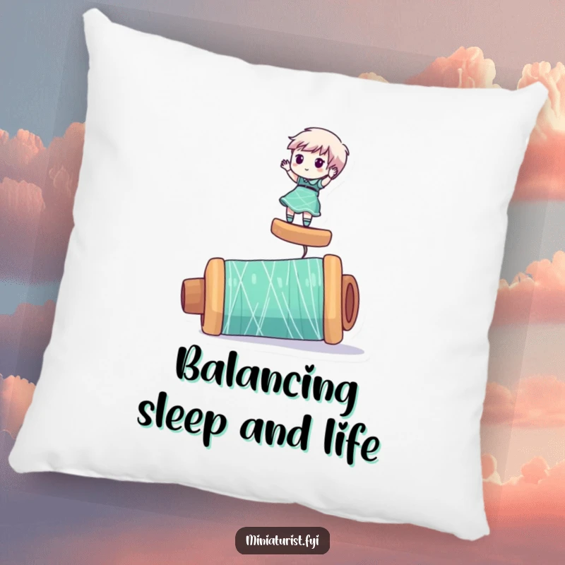 Funny pillow with a miniaturist character precariously balancing on a giant spool of thread, adding a touch of humor.