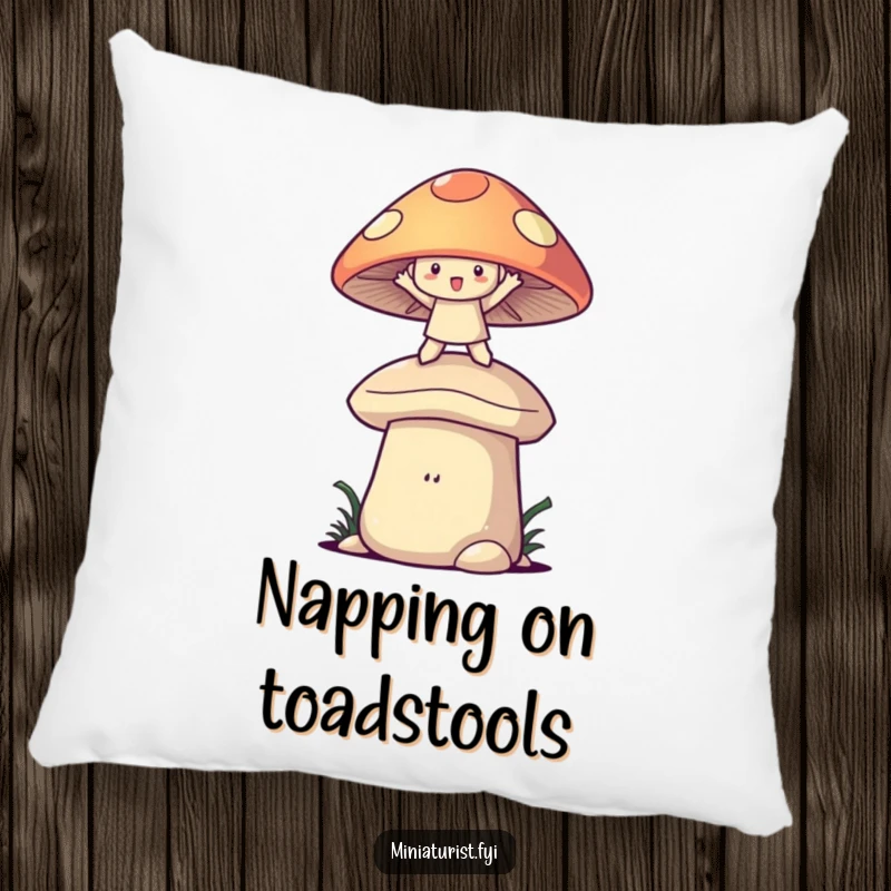 Funny mushroom balance pillow featuring a character delightfully perched on a giant mushroom cap, offering cozy whimsy and humor.