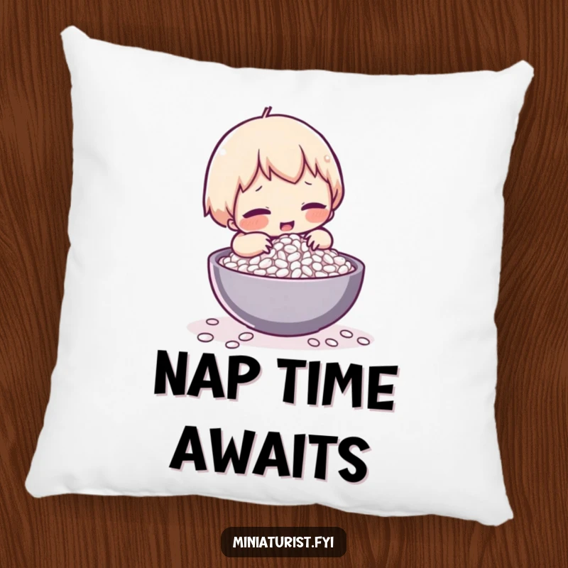 Funny pillow showing a tiny character comically struggling to lift a single grain of rice, offering comfort and humor.
