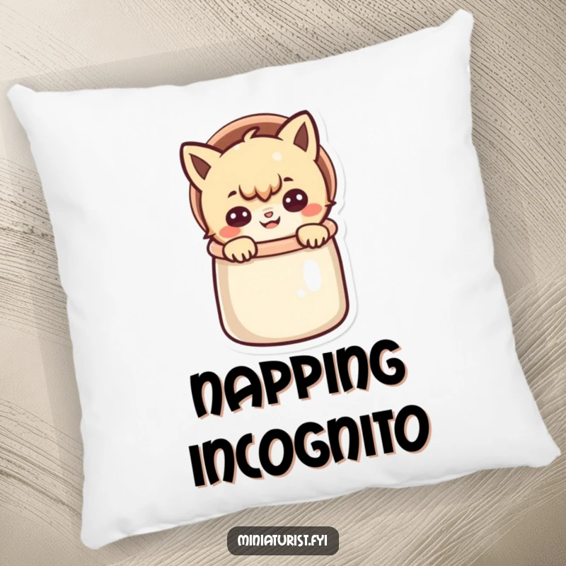 Funny pillow design showcasing a small character peeking out of a thimble with a mischievous grin, a humorous accent.