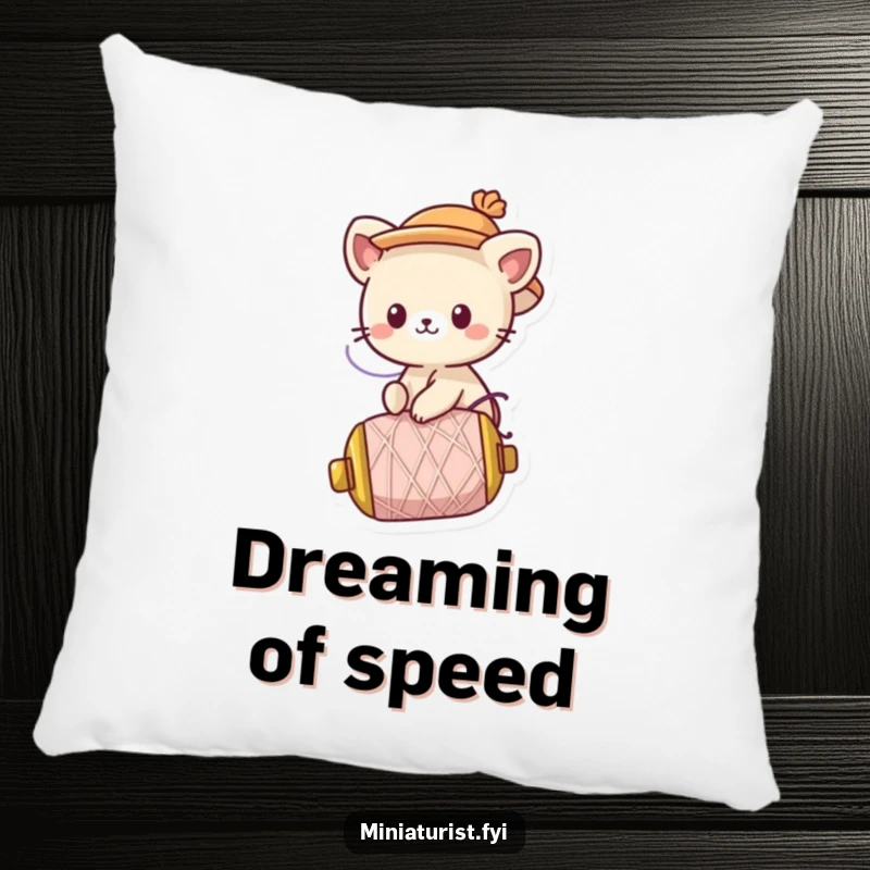 Funny Pillow: A cute animal character with a tiny hat rides a runaway spool of thread, bringing charm to any cushion.