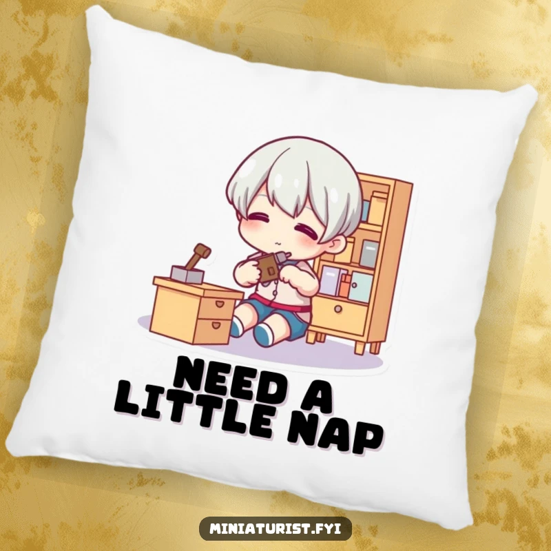 Funny Tiny Fixer Pillow showing a small figure adjusting tiny furniture, providing comfort and a humorous nod to DIY skills.
