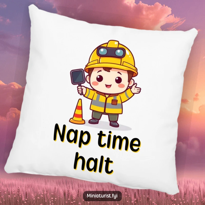 Funny pillow showing a tiny character in a construction hat directing miniature traffic, offering comfort and a hint of playful management.