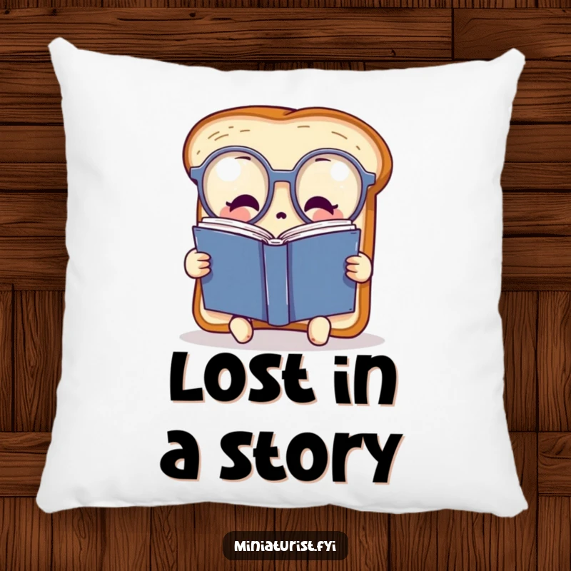 Funny miniature toast character wearing oversized spectacles, reading a huge book, designed as a soft, decorative pillow for intellectual comfort.