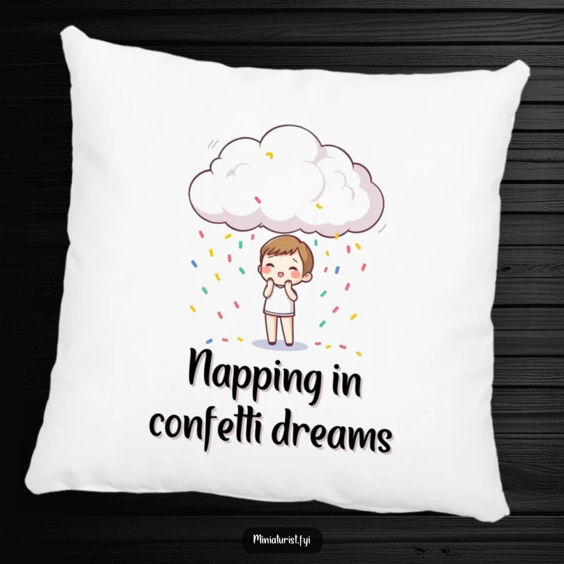 Funny Pillow: A small, delighted character under a miniature raincloud showering them with festive confetti.