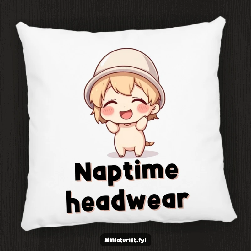 Funny tiny character giggling while attempting to wear a thimble as a hat, decorating a soft and comfortable throw pillow.
