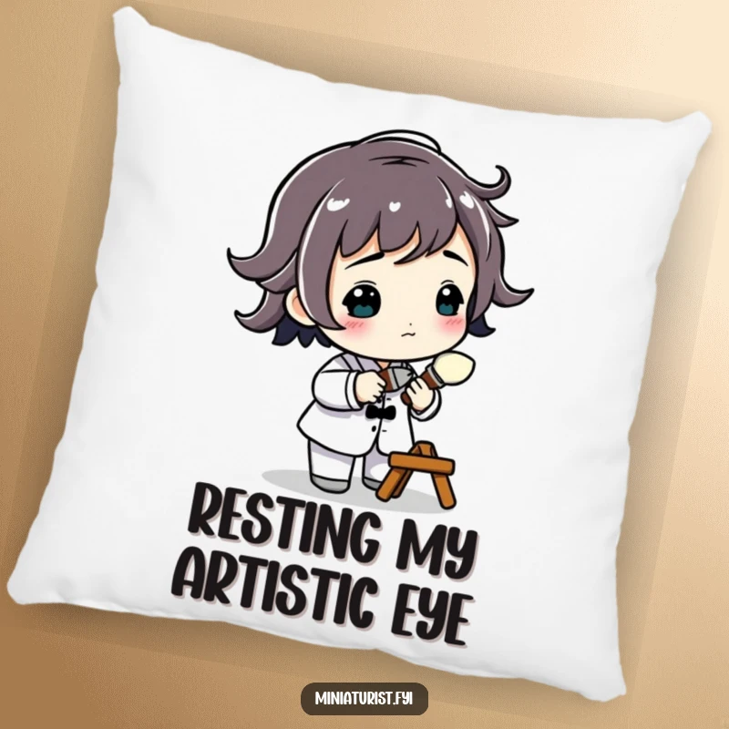 Funny Miniature Artist Pillow showing a small figure with a tiny paintbrush, focused on detail, perfect for adding comfort and humor to a space.