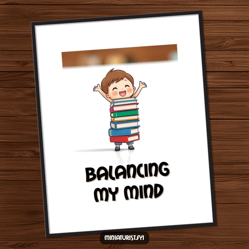 Funny digital art print showing a tiny figure joyfully balancing a stack of minuscule books, symbolizing intelligence and playful achievement.
