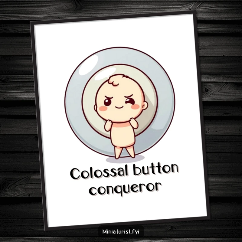 Funny button pusher digital art print of a determined character pushing a colossal button, symbolizing effort and motivation.