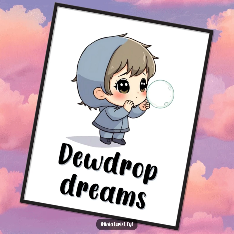 Funny Digital Art Print of a tiny person amazed by a giant dewdrop, perfect for instant wall decor.