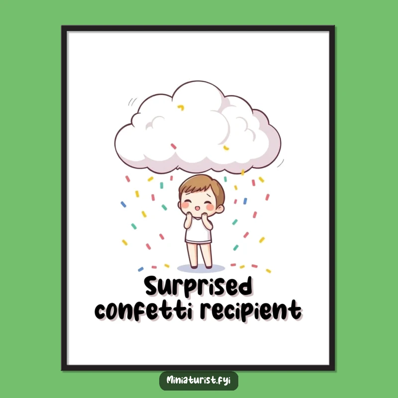 Funny Confetti Rain Digital Art: Tiny Surprise Character in Miniature Cloud Printable
