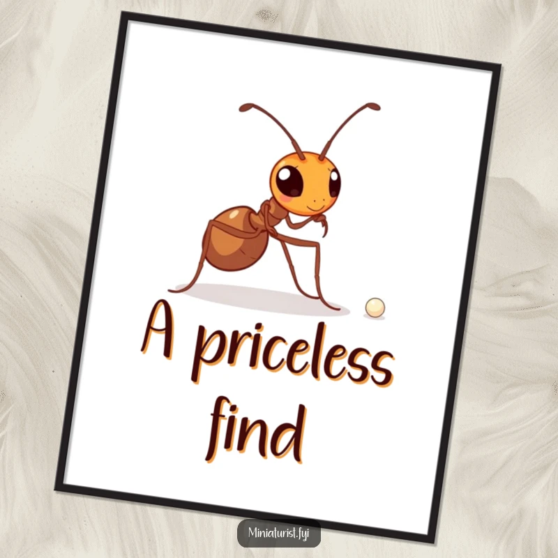 Funny digital art print of a determined ant carrying a minuscule pearl, symbolizing great strength and unwavering effort.
