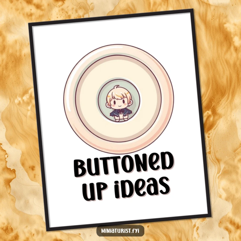 Funny digital art print of a miniaturist character humorously peeking from a giant, upside-down button, ideal for wall decor.