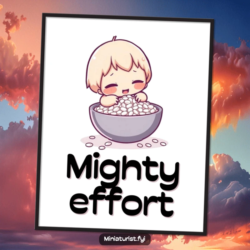 Funny digital art print showing a tiny character comically struggling to lift a single grain of rice, emphasizing humor.