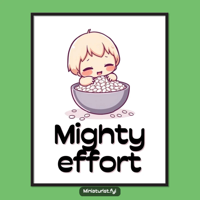 Funny Rice Struggle Digital Art: Tiny Character's Epic Effort, Printable Funny Gift