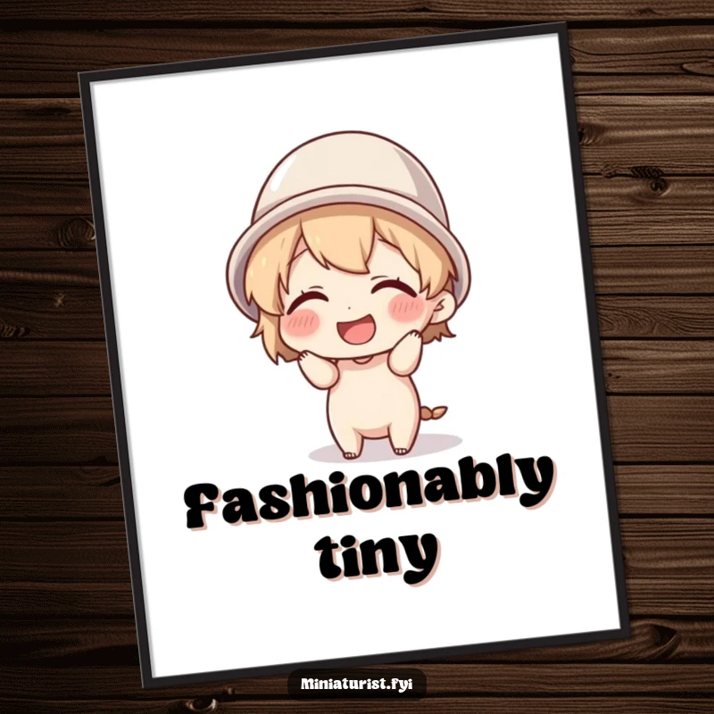 Funny tiny character giggling while attempting to wear a thimble as a hat, available as a downloadable digital art print.