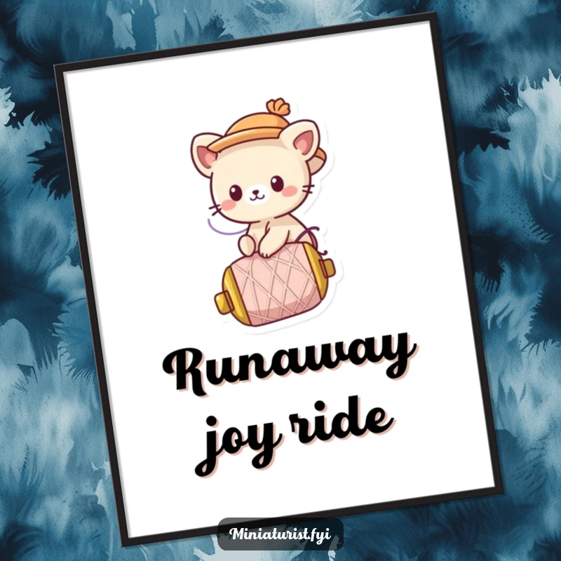 Funny Digital Art Print: A cute animal character wearing a tiny hat rides a runaway spool of thread, ready to delight.