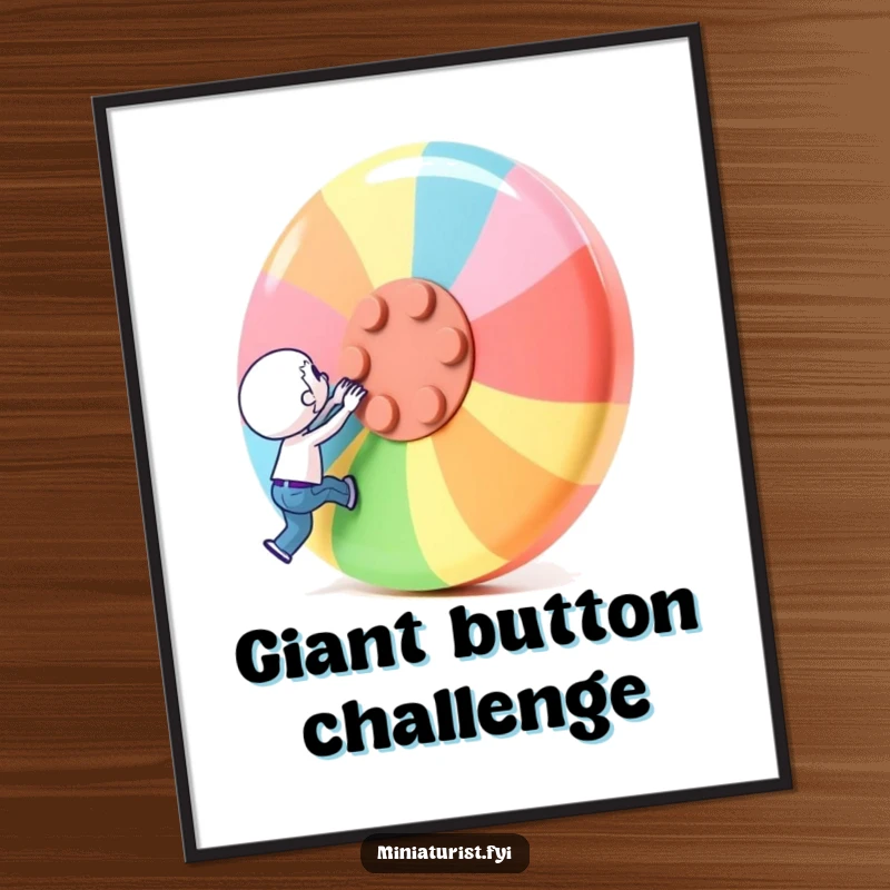Funny Digital Art Print: A miniature character attempts to lift a giant colorful button, representing ultimate effort.