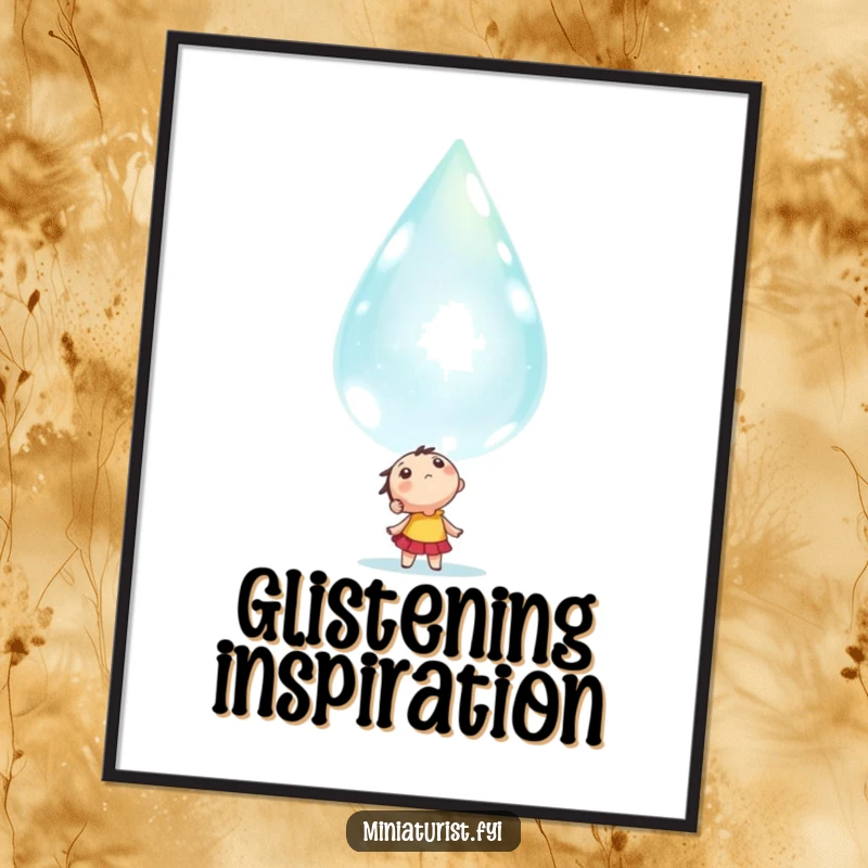 Funny tiny character looking up in absolute awe at a massive, sparkling dewdrop, captured in a high-resolution digital art print.