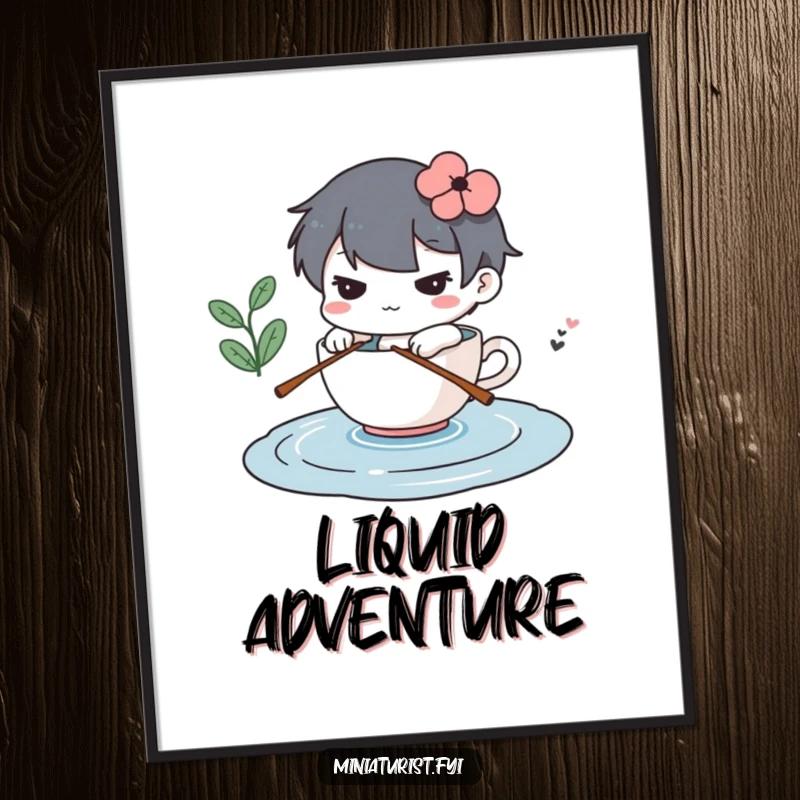 Funny digital art print of a determined miniature character rowing a teacup across a puddle, inspiring wall decor.