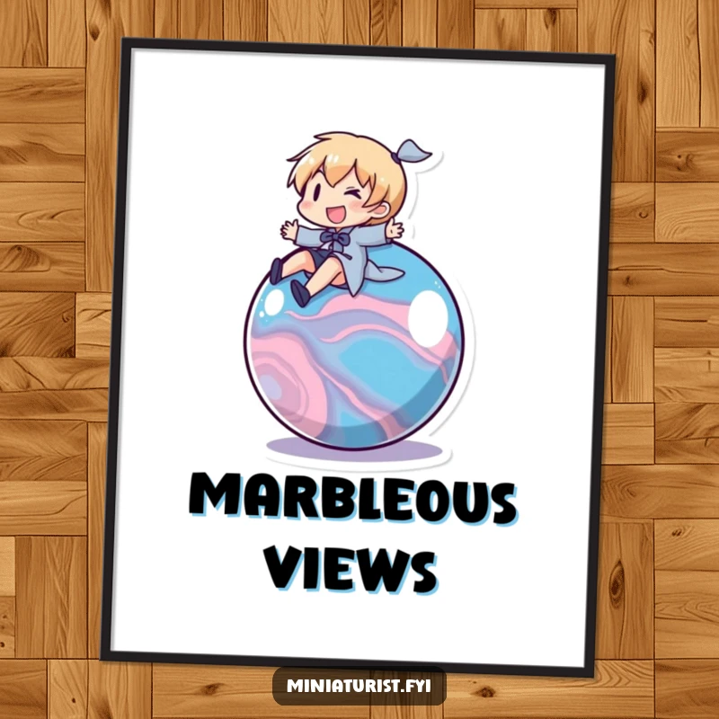 Funny Marble Rider Digital Art Print: A small character joyfully riding a rolling marble, ready to be framed.