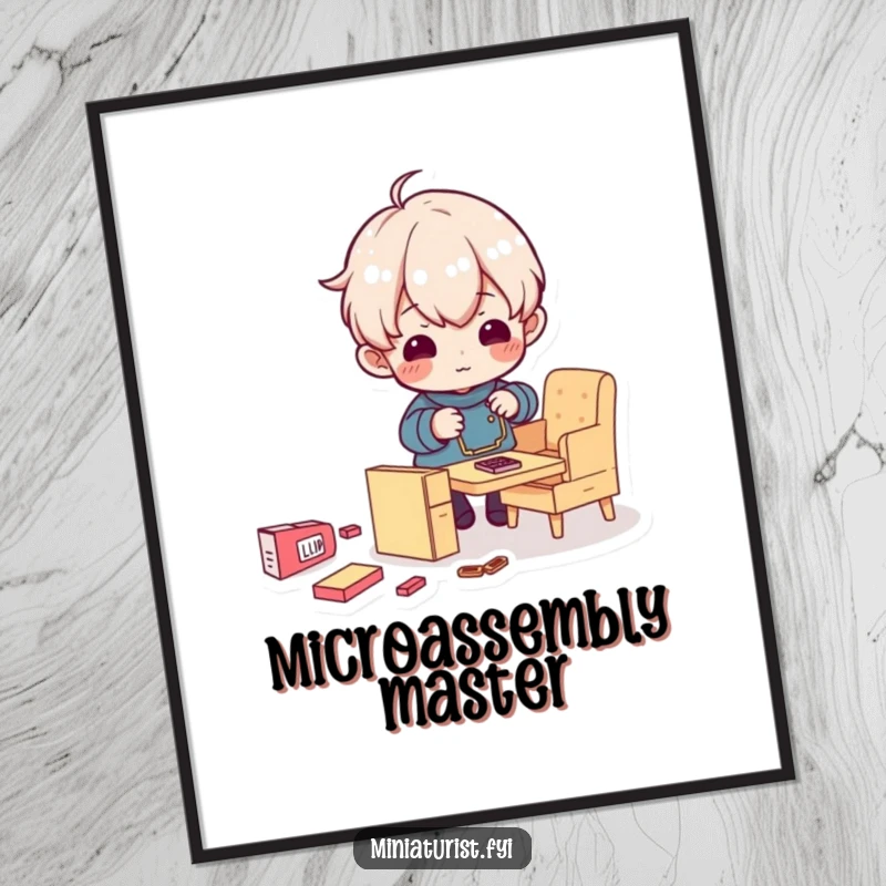 Funny digital art print of a tiny character enthusiastically assembling miniature furniture, capturing a moment of comical perseverance.