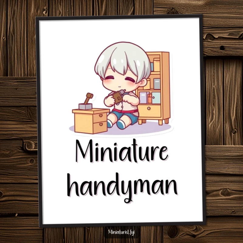Funny Tiny Fixer Digital Art Print showing a small figure using a tool on miniature furniture, bringing handy humor to displays.