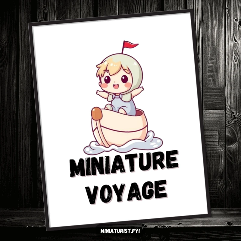 Funny miniature character captured joyfully riding a thimble like a boat, available as a high-resolution digital art print.