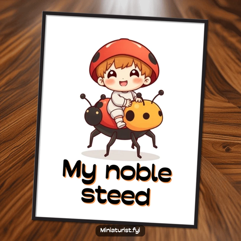 Funny digital art print of a tiny character gleefully riding a ladybug like a magnificent steed, capturing whimsical adventure and humor.