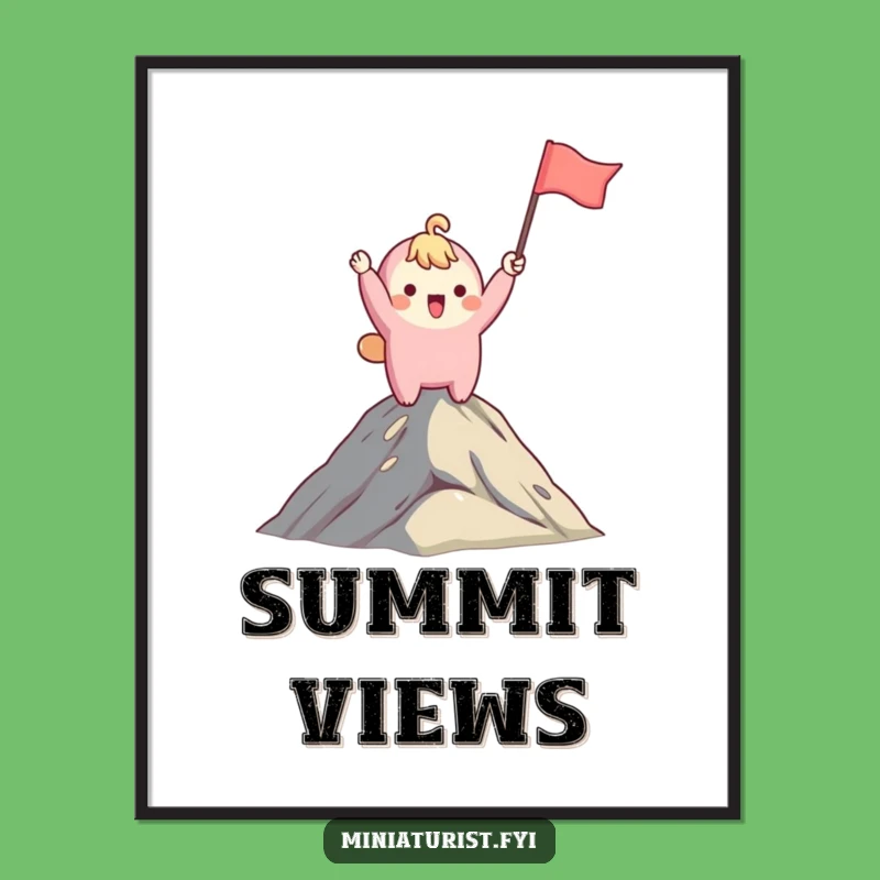Funny Mountaintop Victory Digital Art: Cute Character Flag, Whimsical Funny Gift Print
