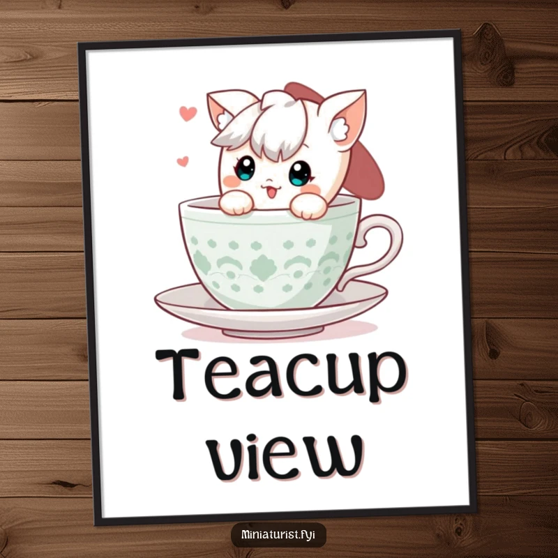 Funny Teacup Peek Digital Art Print: A cute character peeking from a teacup, ready to be framed.