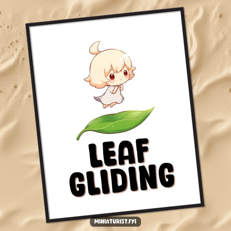 Funny digital art of a tiny character peacefully drifting on a leaf, carried by a gentle breeze, evoking whimsical humor.