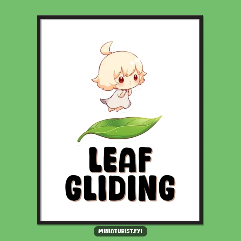Whimsical Breeze Digital Art Print: Tiny Character Leaf Ride, Charming Funny Gift