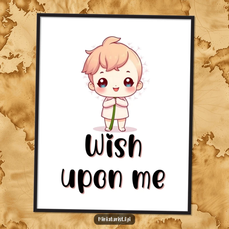 Funny Digital Art Print of a proud miniature character holding a giant dandelion seed, great for motivational decor.