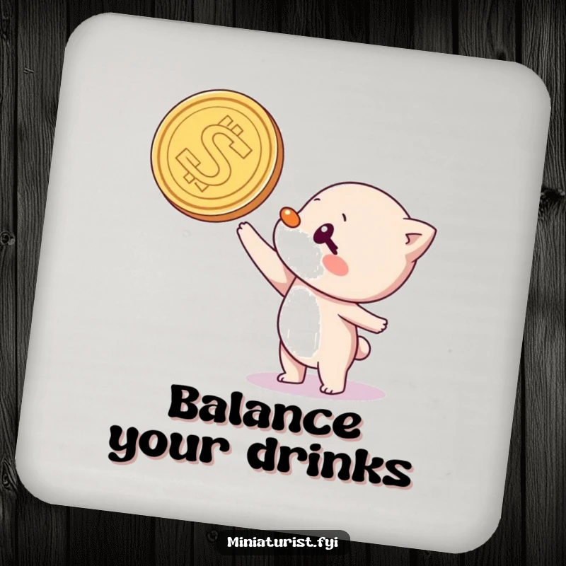 Funny drink coaster featuring a character humorously balancing a giant coin on its nose, adding a playful touch to any table.