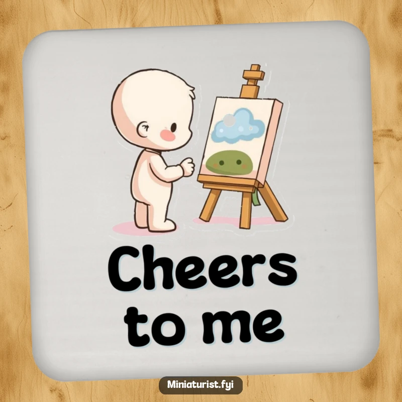Funny Proud Artist Coaster featuring a small figure admiring tiny artwork with pride, protecting surfaces with artistic and humorous flair.