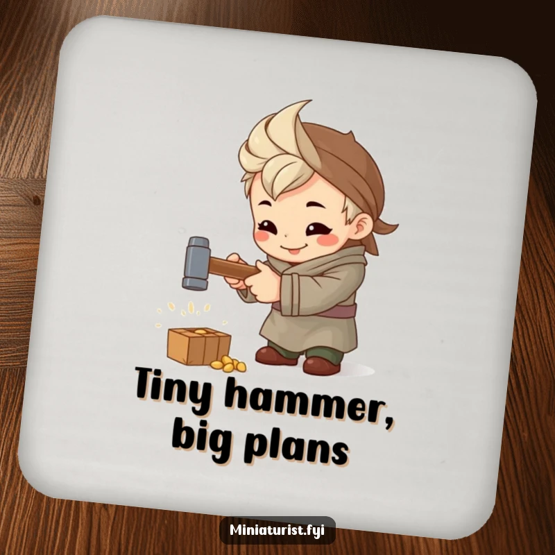 Funny Artisan Hammer Drink Coasters, set of coasters featuring a tiny artisan hammering intently, perfect for protecting surfaces.