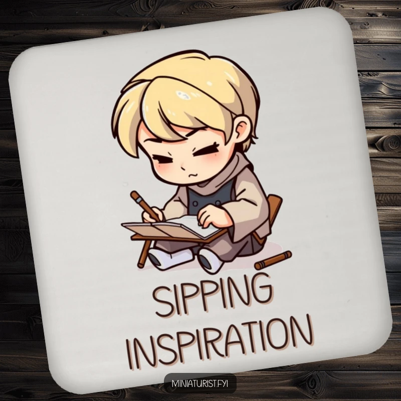 Funny Artisan Sketcher Coaster featuring a small figure sketching on a tiny notepad, protecting surfaces with artistic and humorous flair.