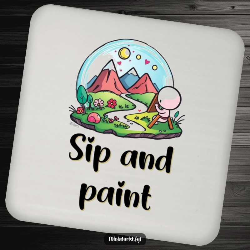 Funny Artist Landscape Drink Coasters, set of coasters with a small figure painting a miniature landscape with vibrant, happy strokes, for tables.