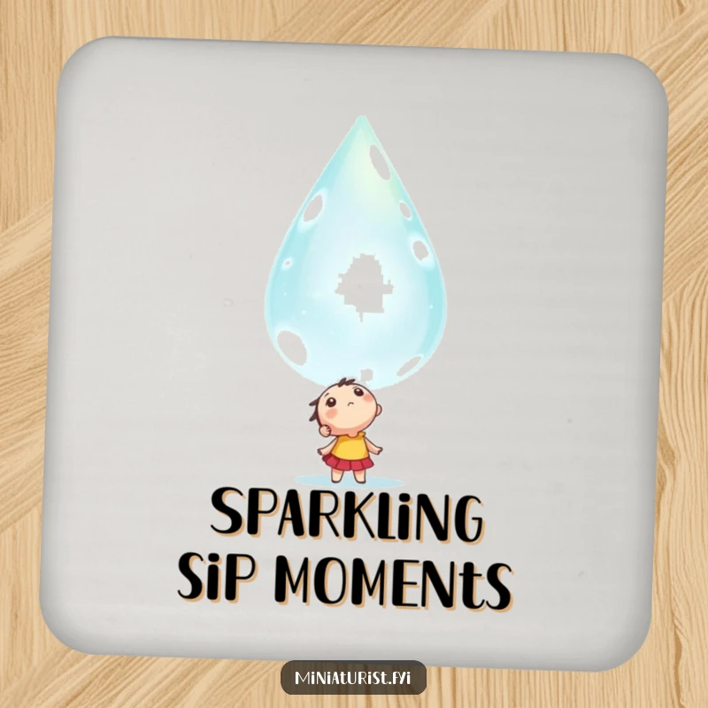 Funny tiny character looking up in awe at a colossal, sparkling dewdrop, illustrated on a protective drink coaster.