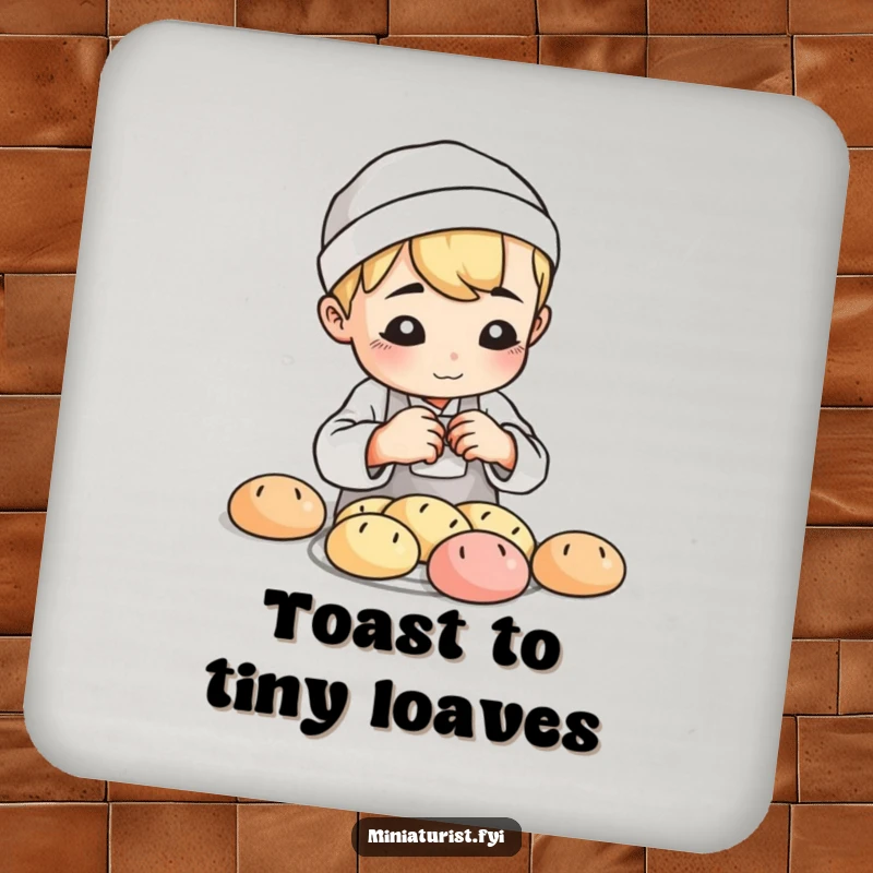 Funny Baker Loaf Drink Coasters, set of coasters with a small baker shaping tiny bread loaves with playful concentration, for kitchens.