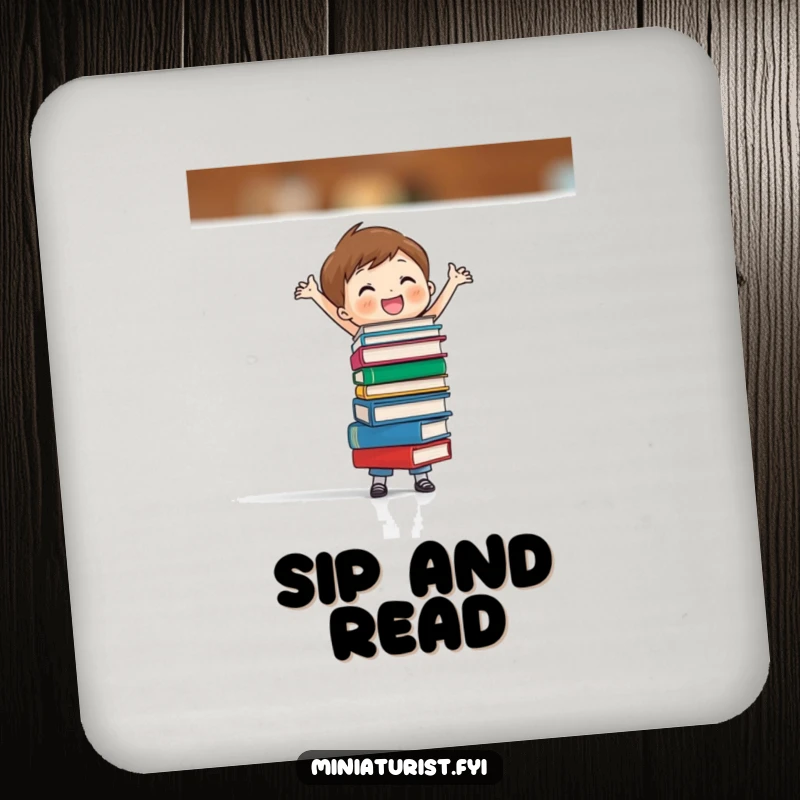 Funny coaster featuring a miniature figure balancing a stack of tiny books, adding humorous protection for tabletops.
