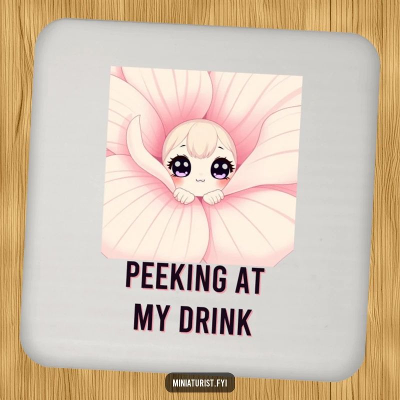 Funny curious flower drink coaster with a character peeking from a giant flower petal, offering whimsical protection and humor.